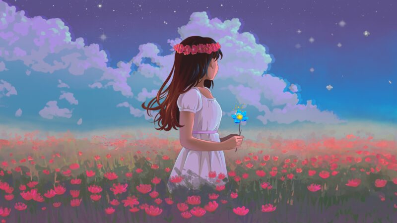Lofi Spring Dreamer in Flower Fields 4K 5K Wallpaper