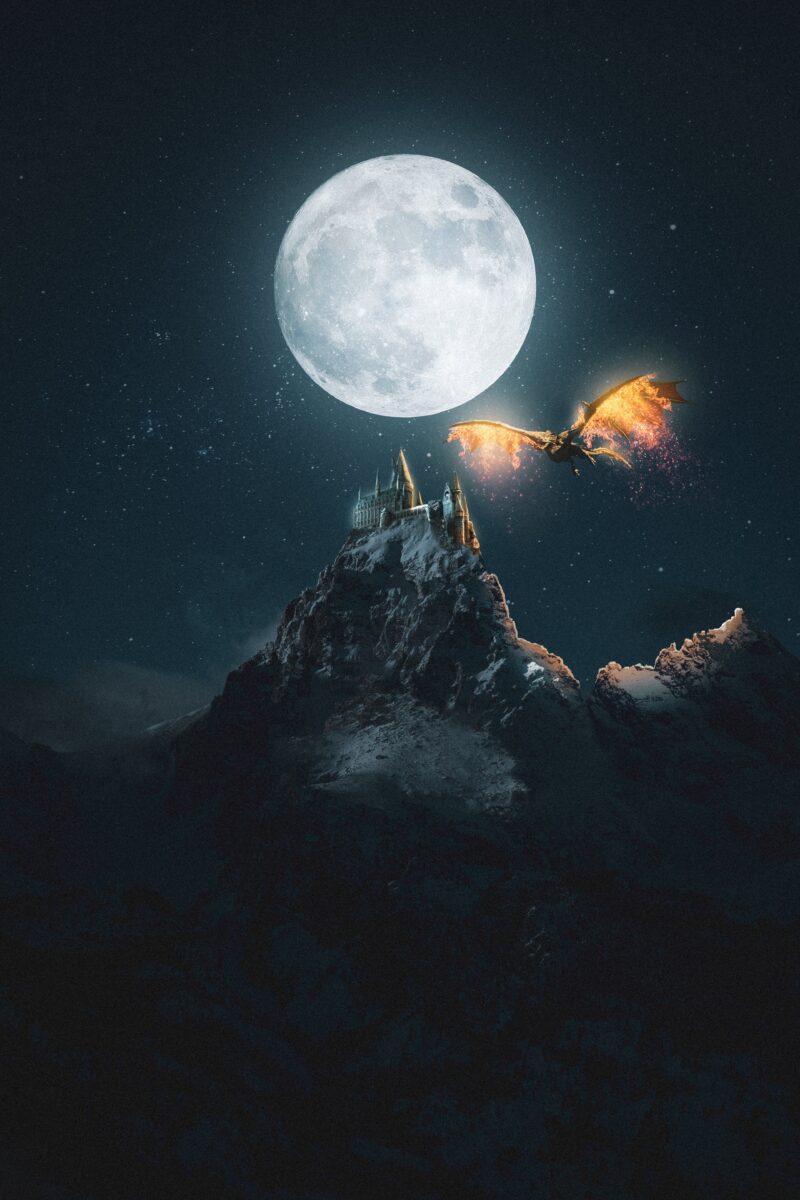 Dragon's Moonlit Castle Peak 4K Wallpaper