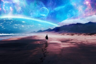 Solitary Journey Through Cosmic Shores 4K Wallpaper