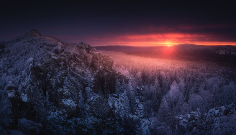 Sunset Over Frosty Ural Mountains 4K 5K Wallpaper