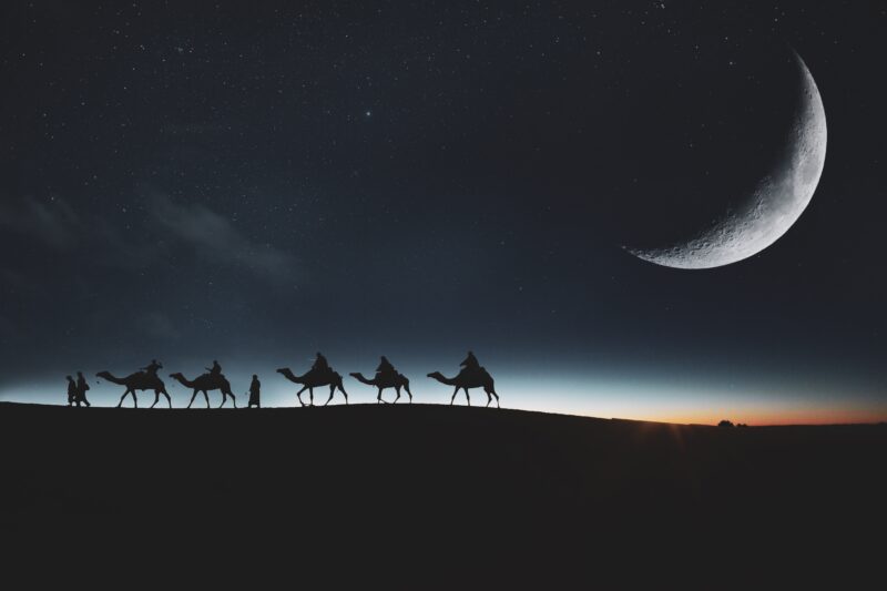 Desert Caravan Under Crescent Moon 4K 5K Wallpaper