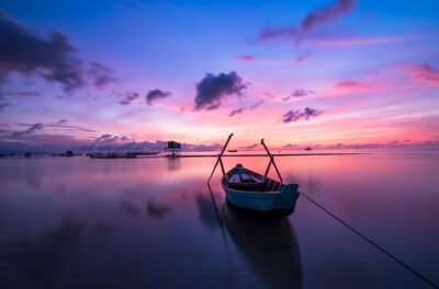 Serene Rowing Boat at Sunset's Embrace 4K 5K Wallpaper