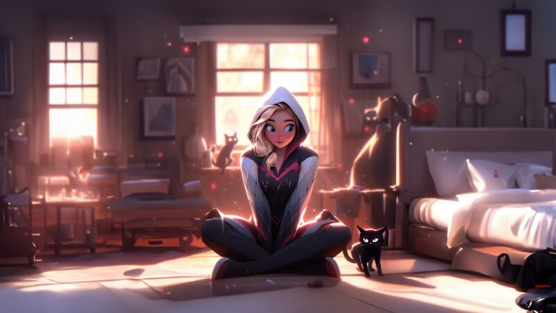 Gwen's Cozy Spider-Verse Moment 4K Wallpaper