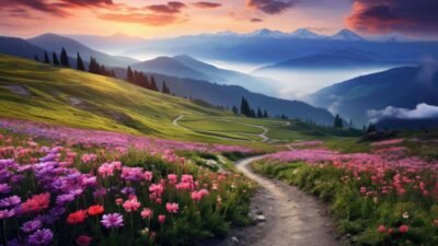 Mountain Meadow Sunset Pathway 4K 5K Wallpaper