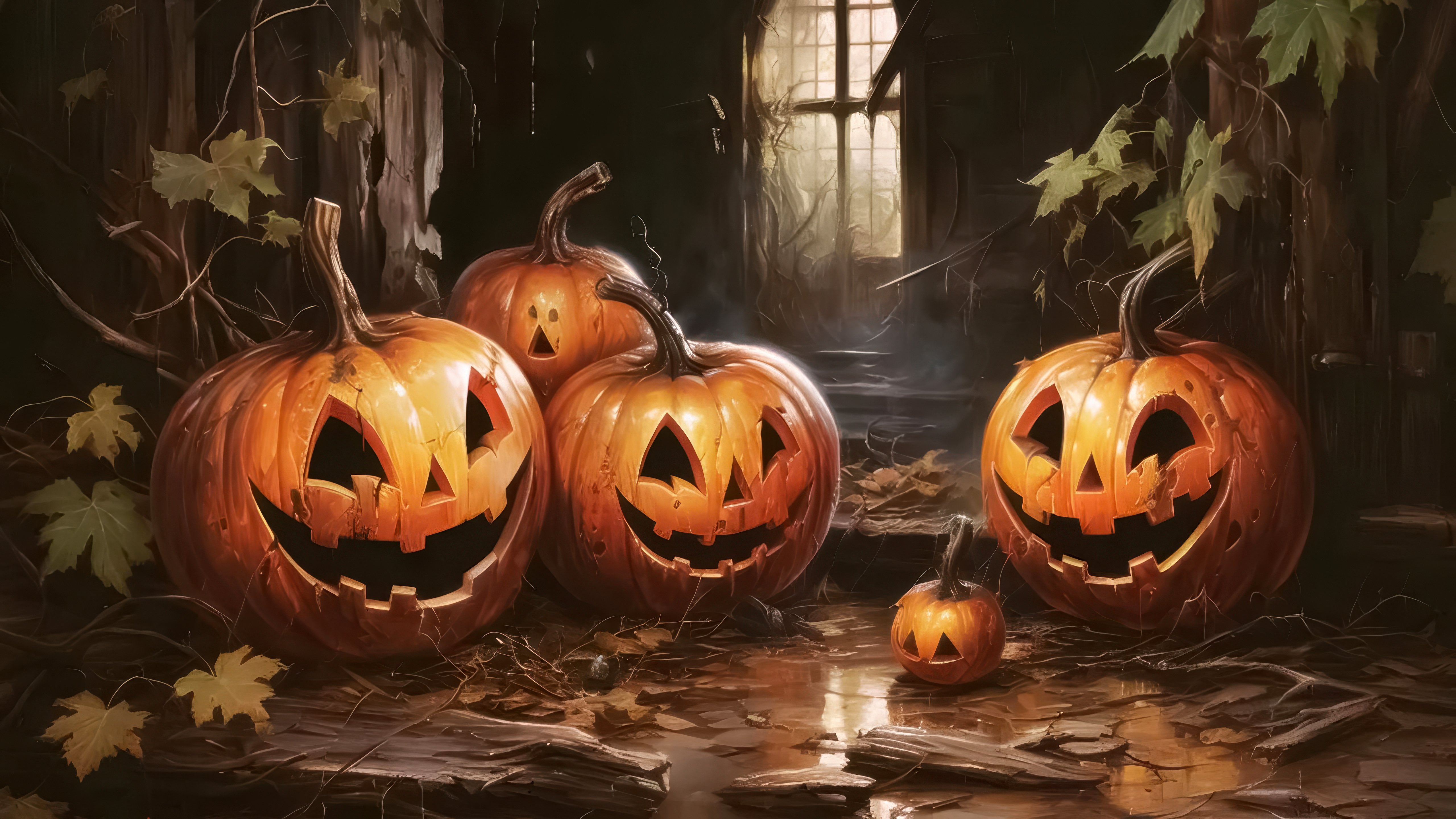 Laughing Pumpkins in Haunting Halloween Scene 4K 5K Wallpaper