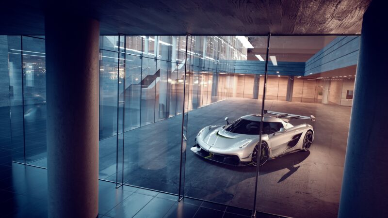 Jesko: Hypercar Unleashed in Glass Temple 4K Wallpaper