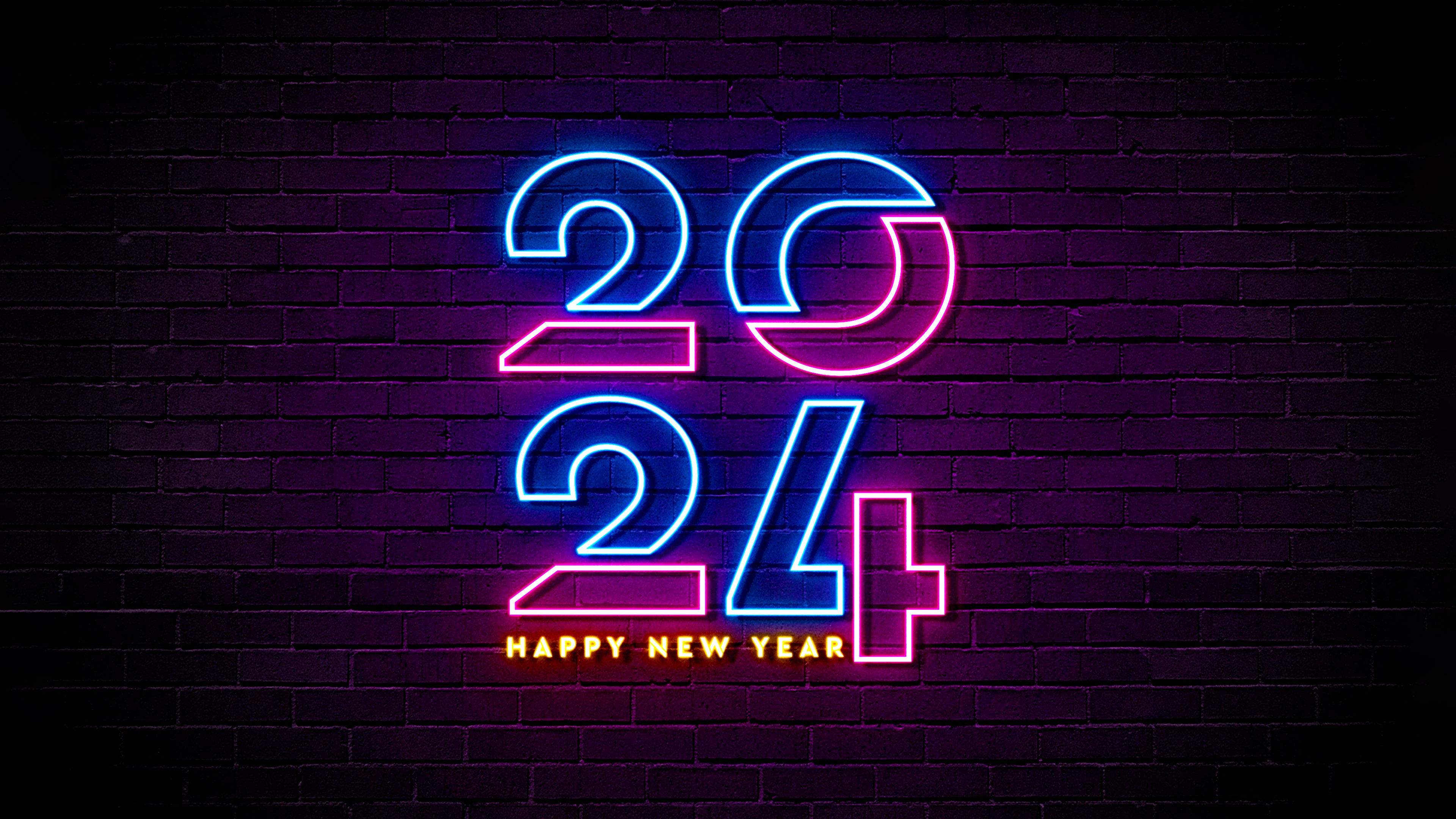 Neon 2024: Bright New Year's Vibe 4K Wallpaper