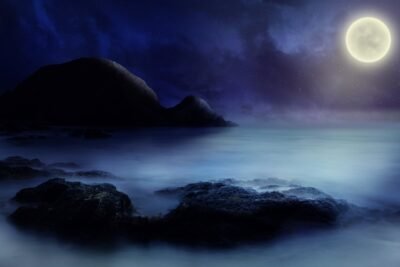 Moonlit Seascape: Nocturnal Rocky Shores 4K 5K Wallpaper