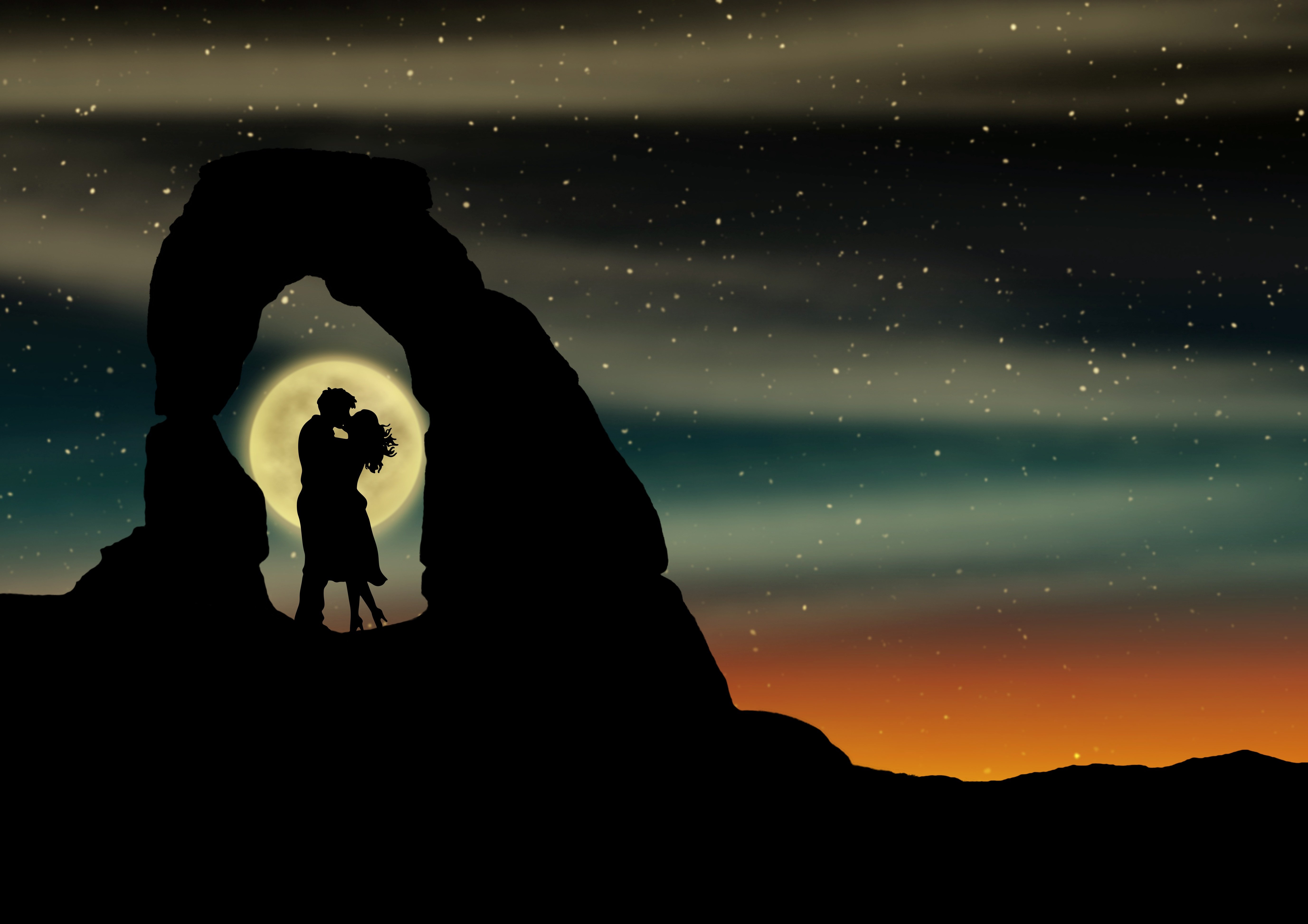 Moonlit Love: Kissing Couple's Starry Embrace 4K 5K Wallpaper