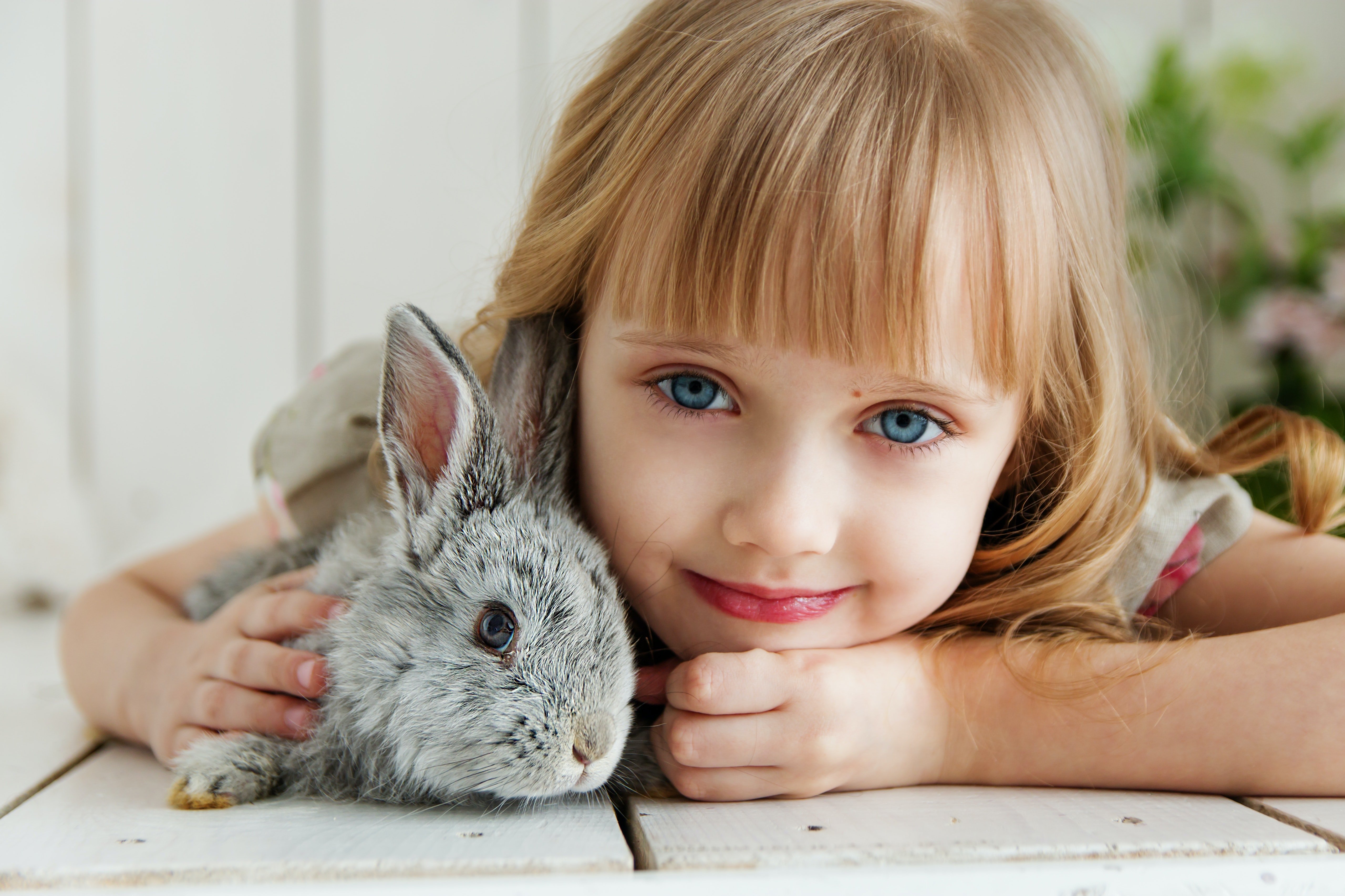 Smiling Girl and Her Adorable Bunny Friend 4K 5K Wallpaper