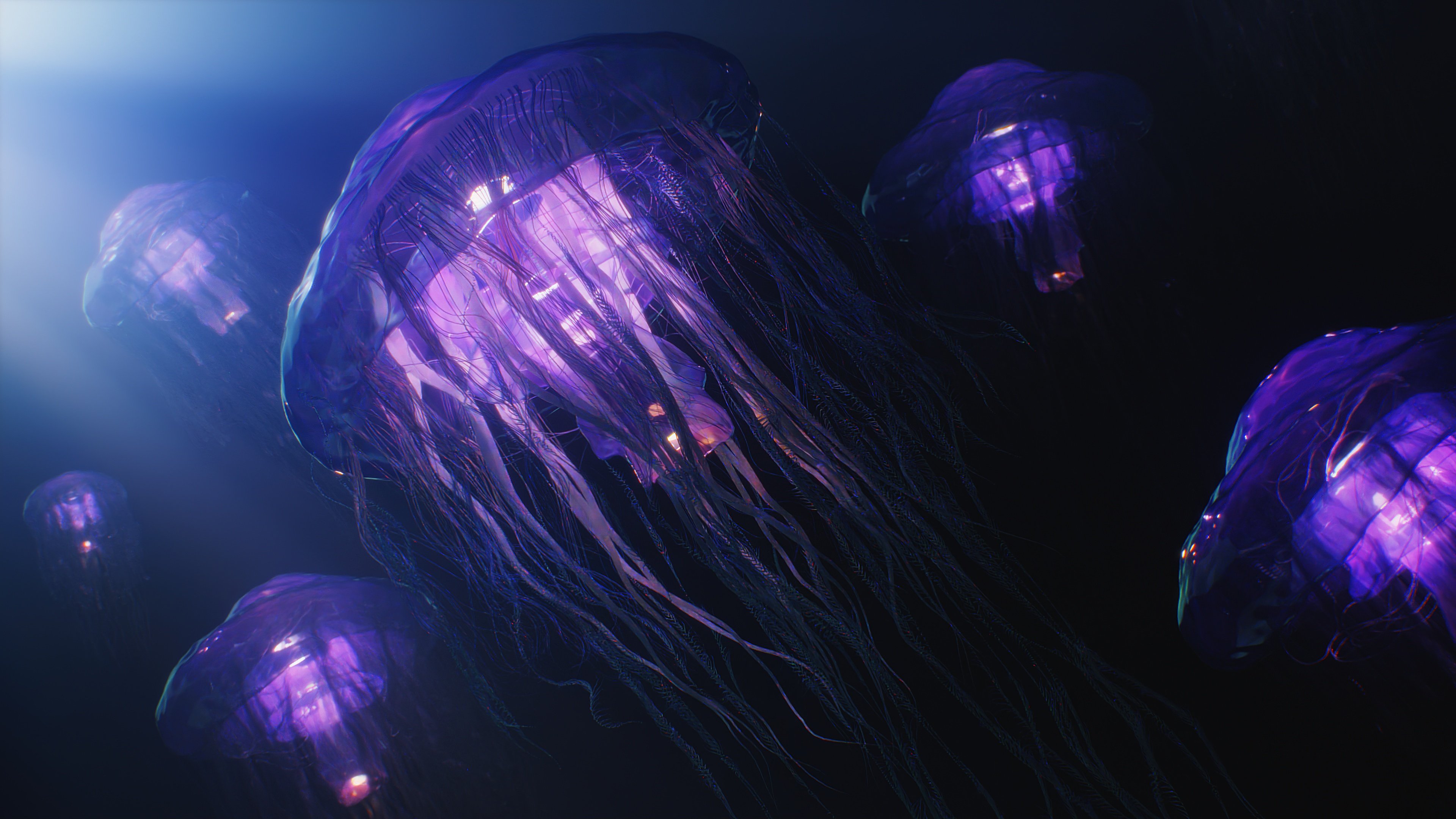 Ethereal Jellyfishes: Glowing Deep Sea Ballet 4K Wallpaper
