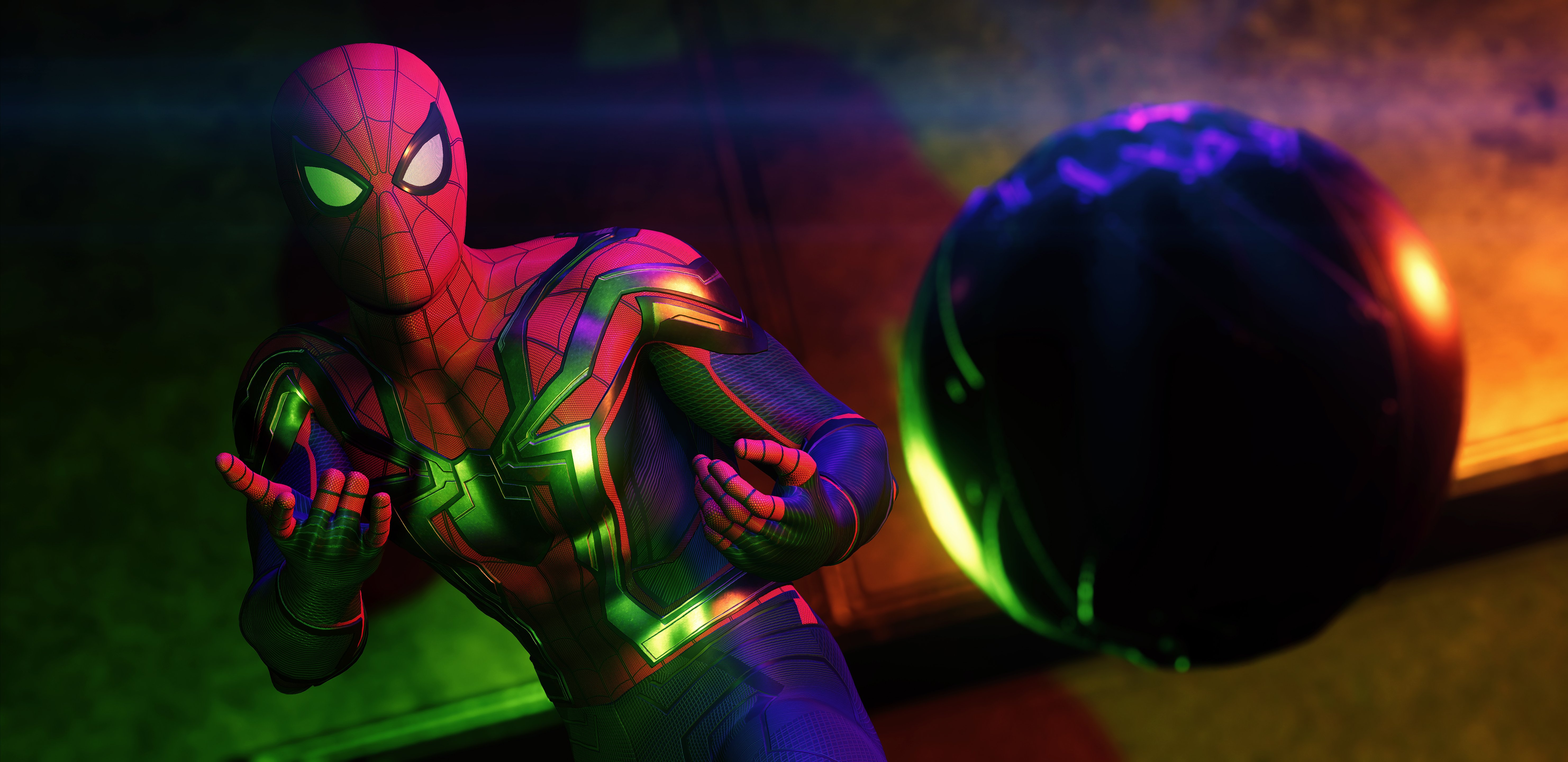 Spidey's Neon Encounter: Web-Slinger Clash 4K 5K Wallpaper