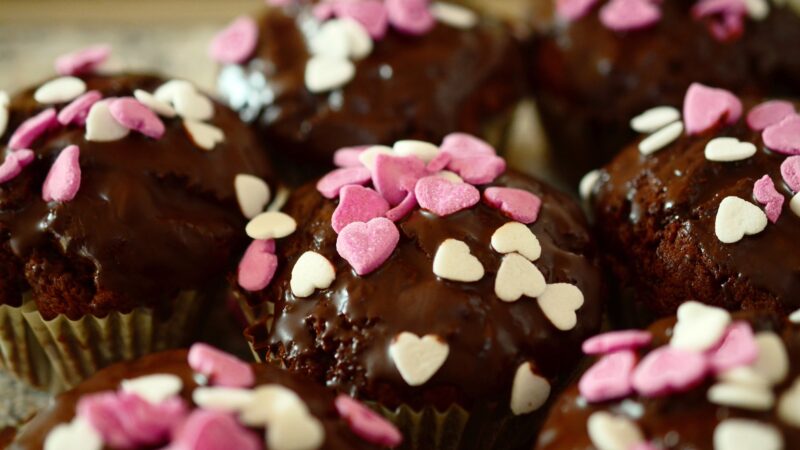 Chocolate Muffins with Sweet Heart Sprinkles 4K 5K Wallpaper
