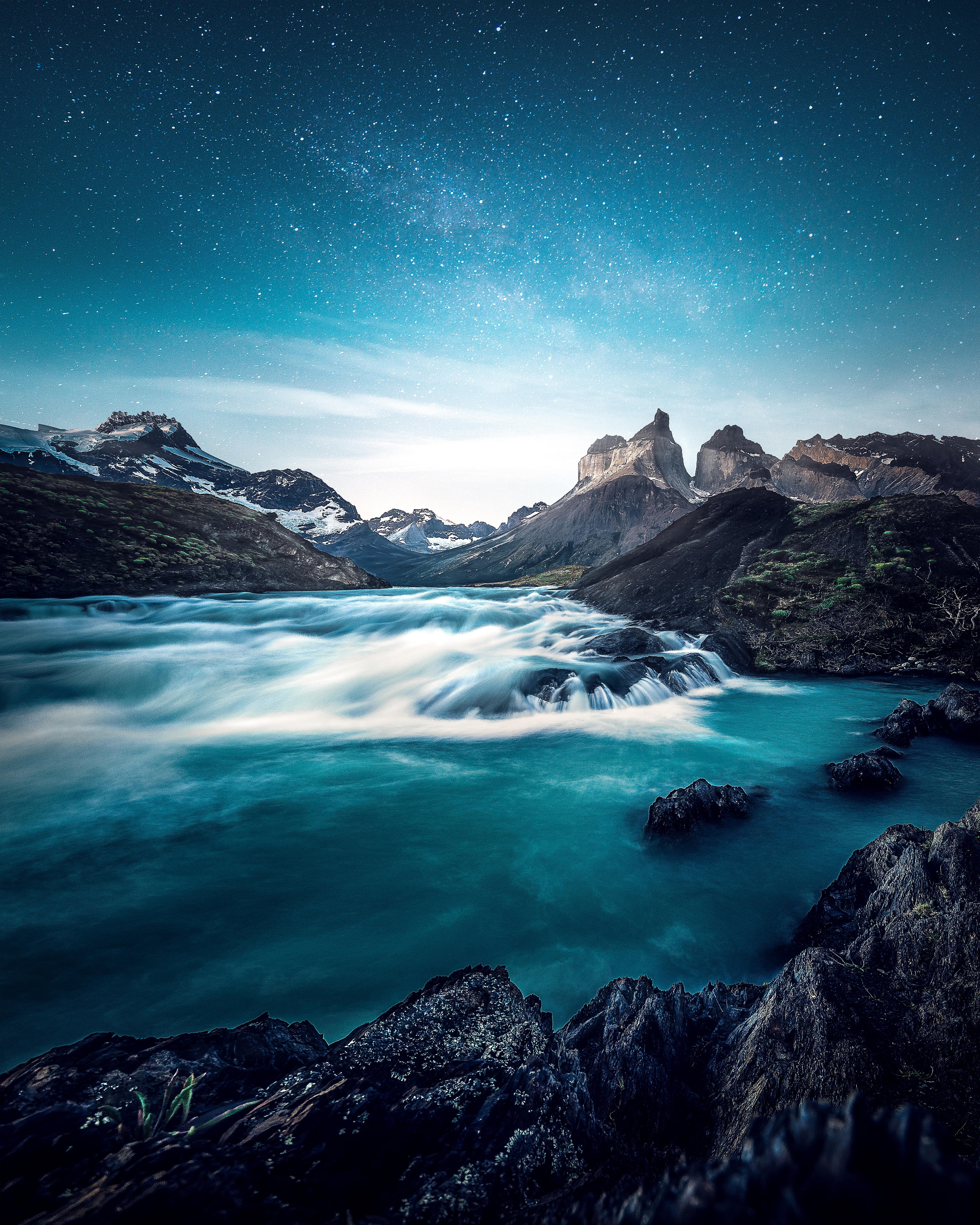 Celestial Waters: Mountain Stream Twilight 4K 5K Wallpaper
