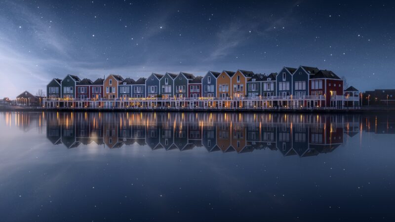 Rainbow Houses by Starlit Lake 4K 5K Wallpaper