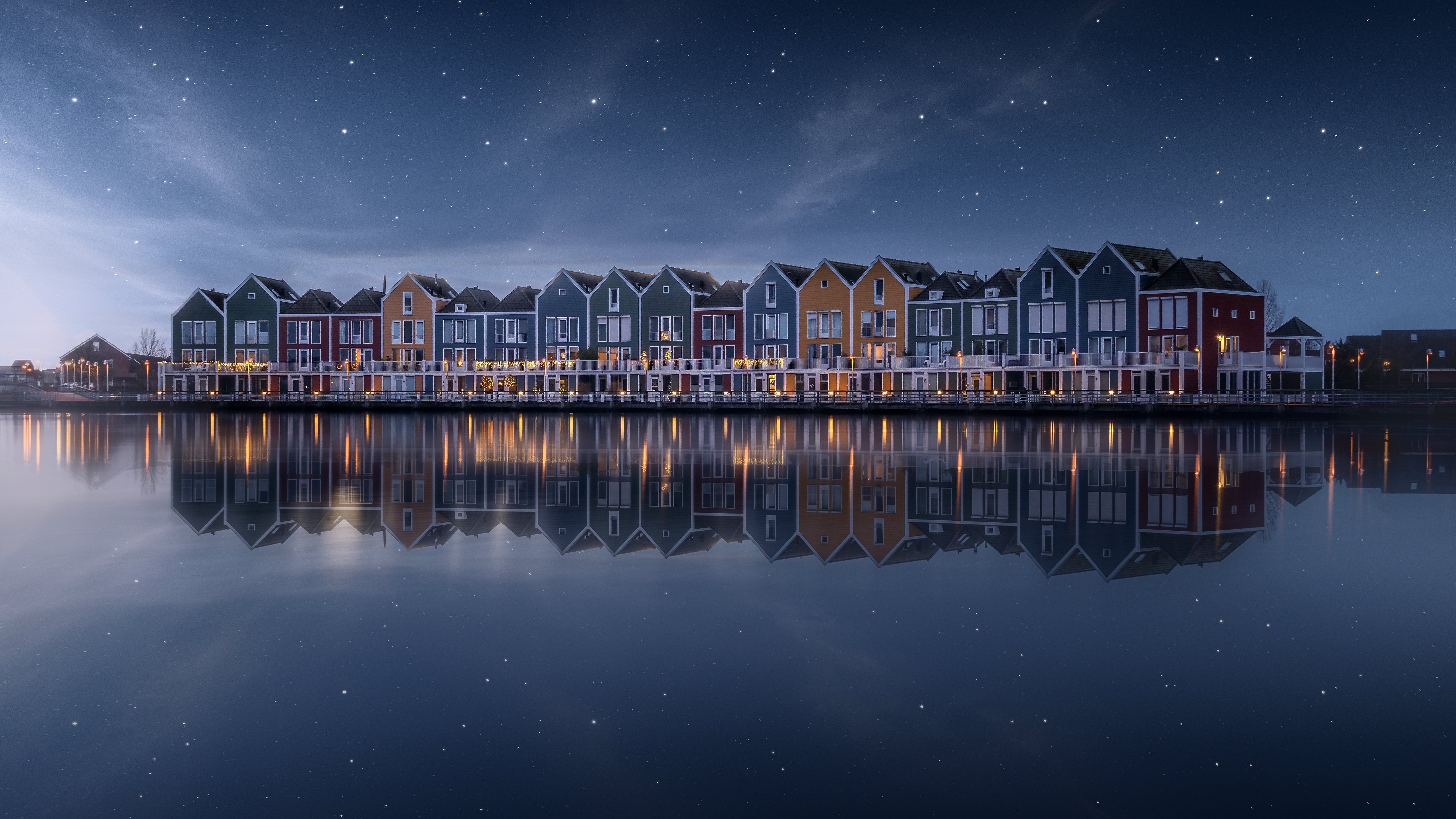 Rainbow Houses by Starlit Lake 4K 5K Wallpaper