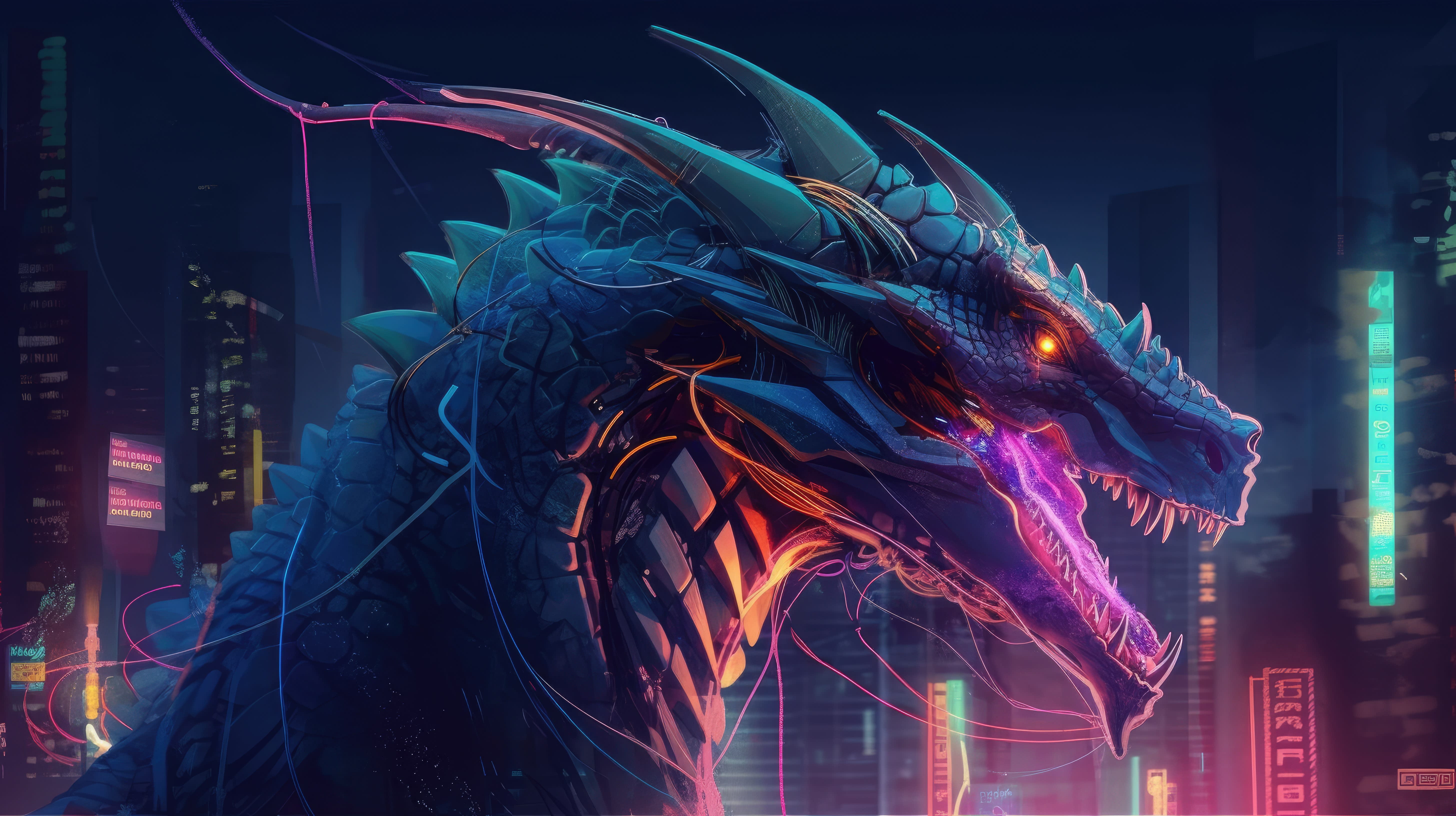 Neon Dragon: Cyberpunk Guardian 4K 5K Wallpaper