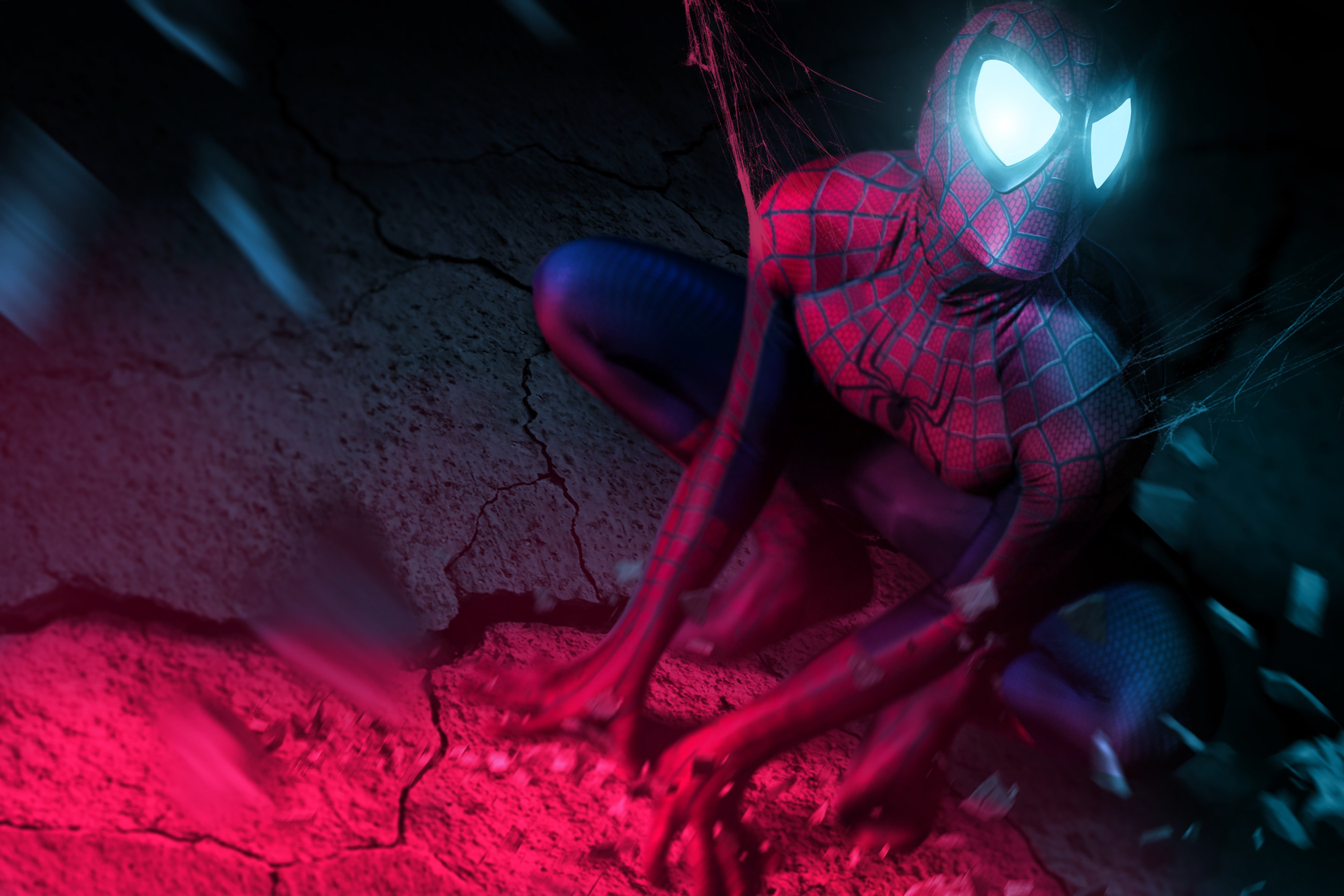 Iron Spider's Neon Night Descent 4K Wallpaper
