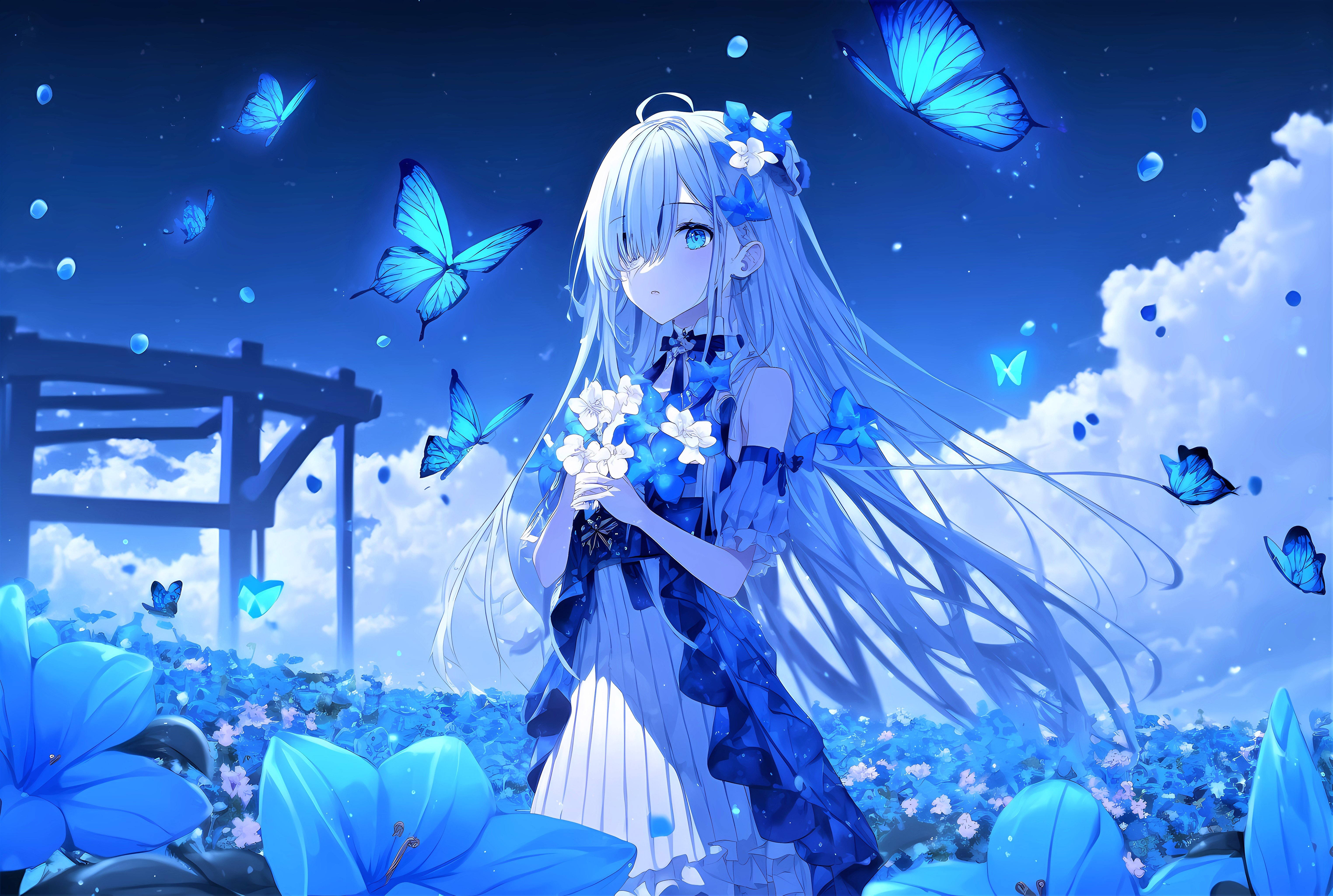 Blue Butterfly Anime Girl Fantasy 4K 5K Wallpaper