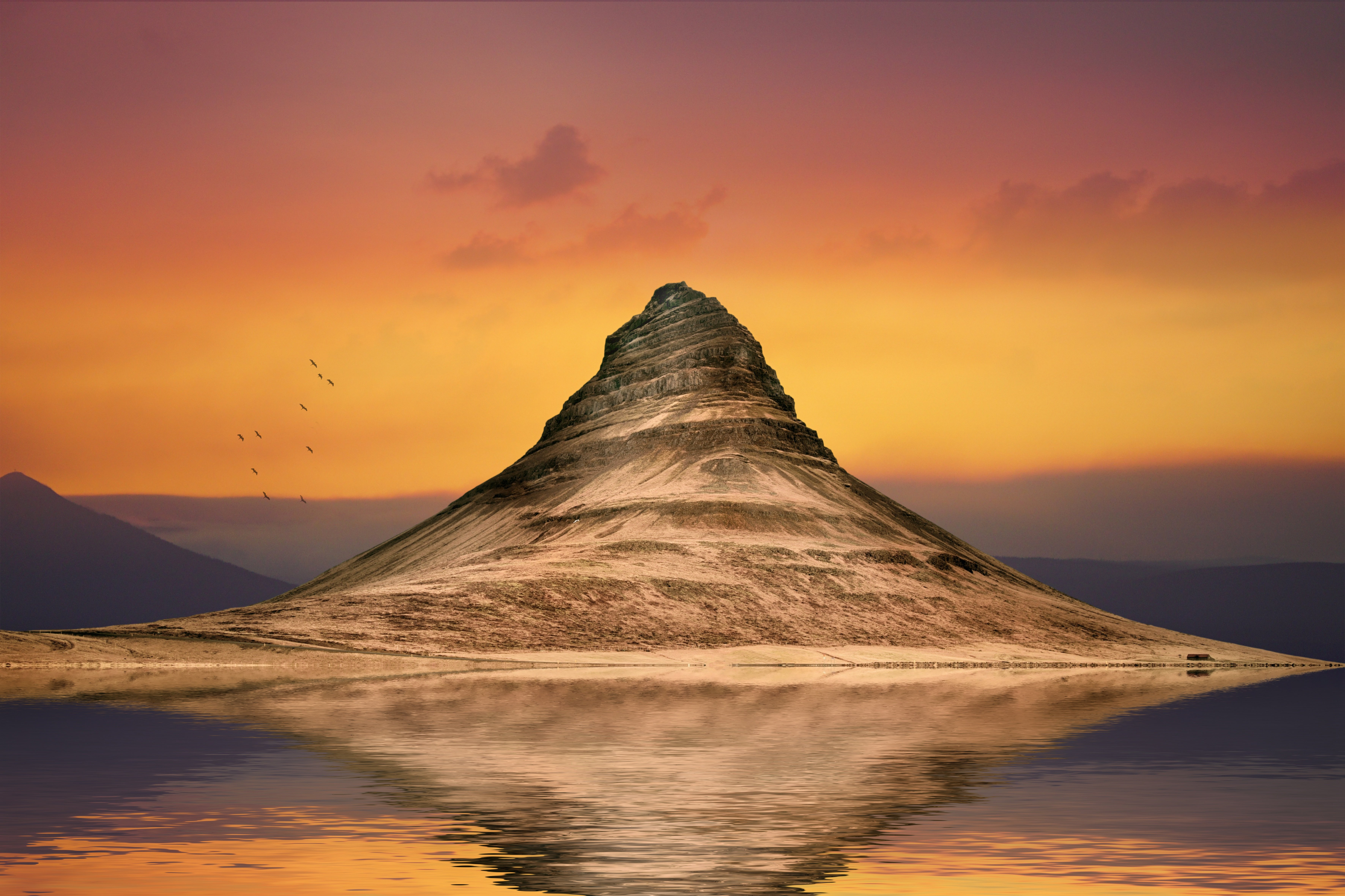 Kirkjufell's Majestic Mountain Reflection at Sunset 4K 5K Wallpaper