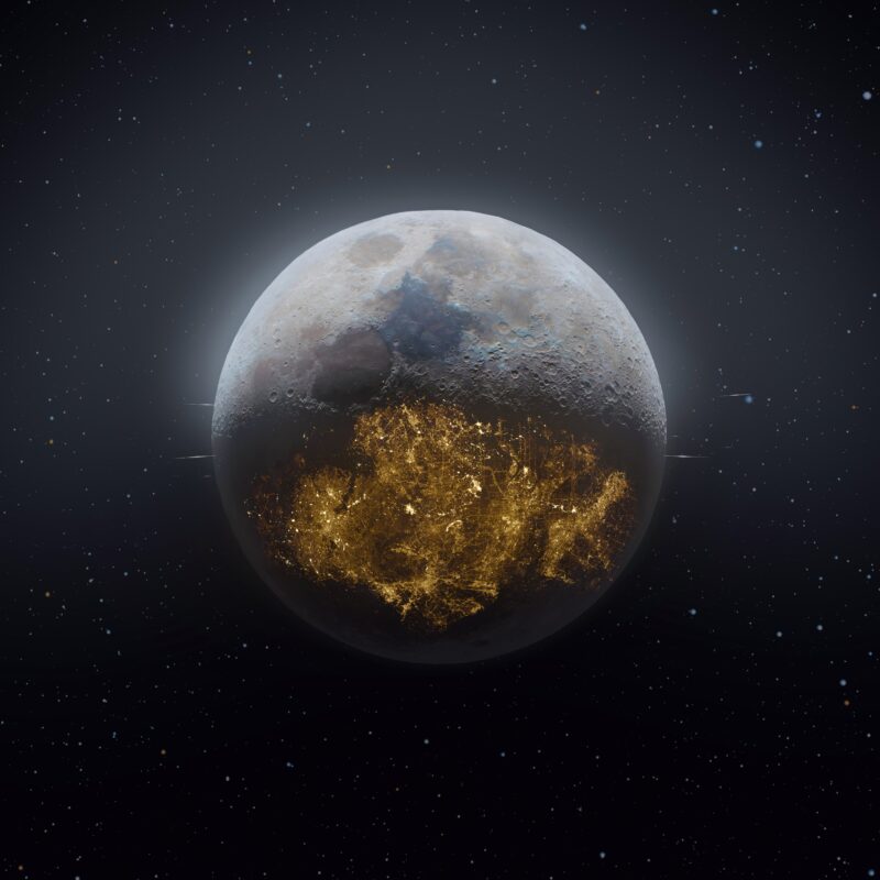 Lunar Nightscape: Future's Golden Glow 4K 5K Wallpaper