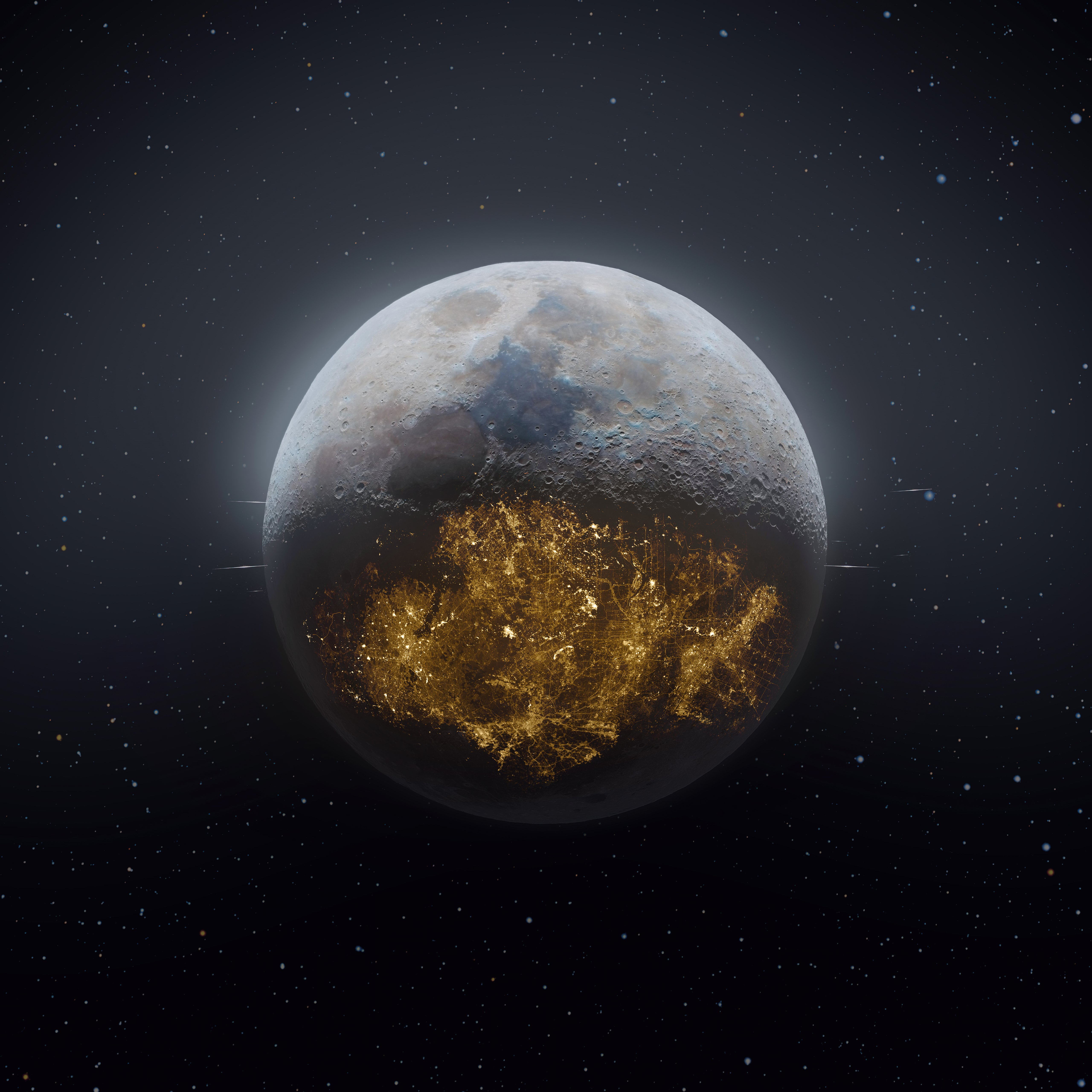 Lunar Nightscape: Future's Golden Glow 4K 5K Wallpaper